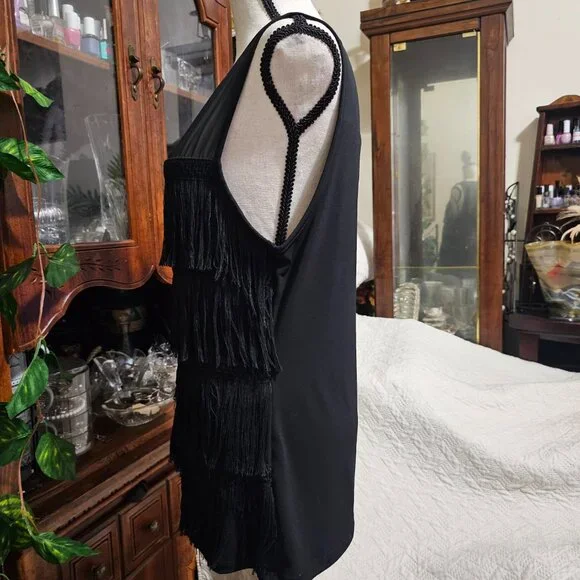 7th Avenue Black Sleeveless Sheer and Fringe Top - Picture 5 of 13
